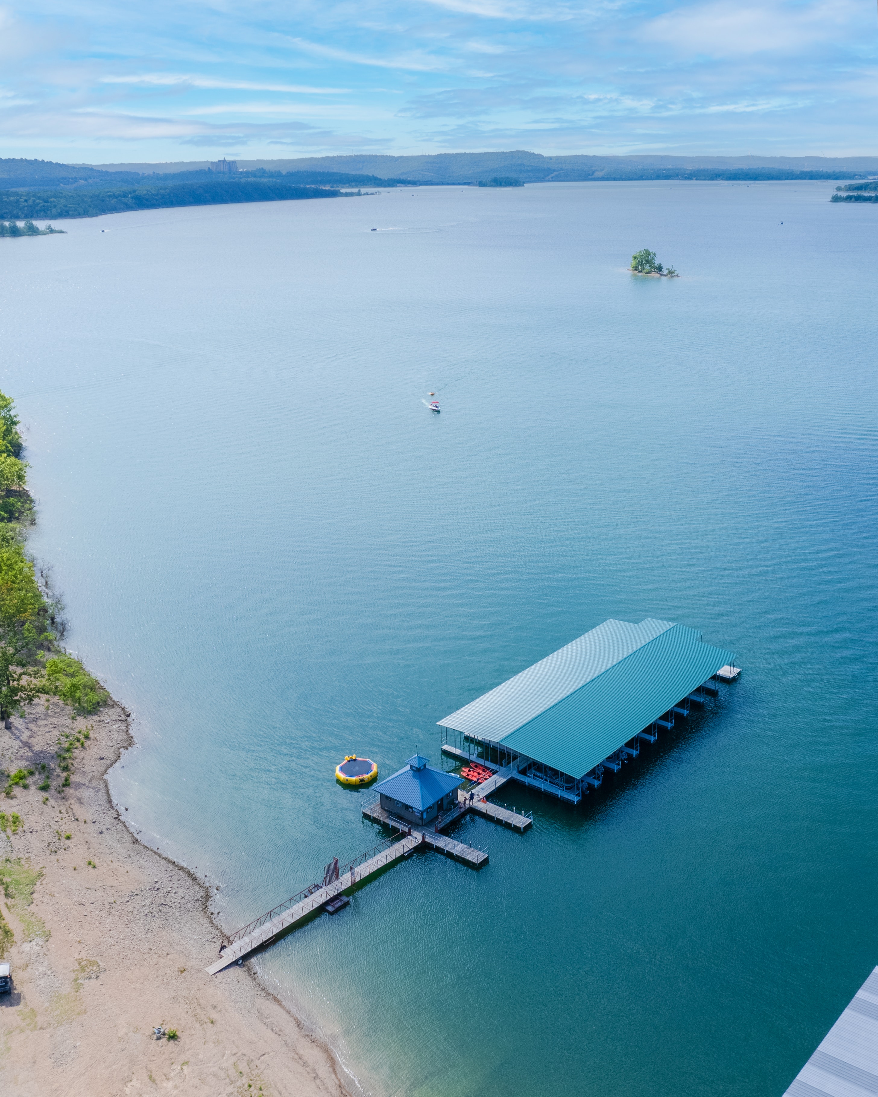 Aerial view of resort boat launches and lakeshore