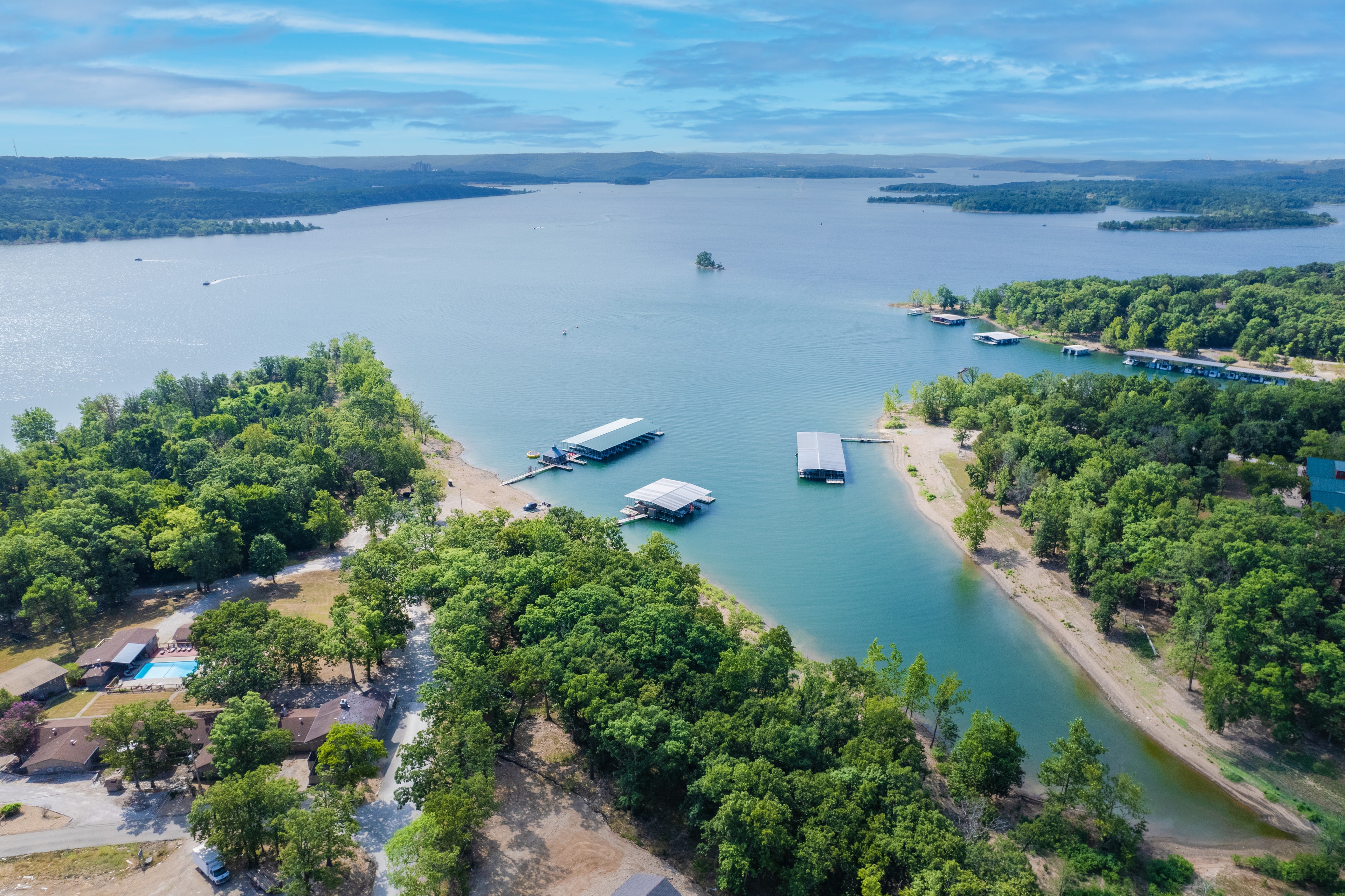 Wide aerial view of Table Rock Lake shoreline and docks