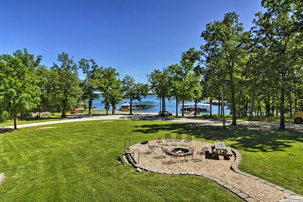 Lakeside lawn and firepit gathering area