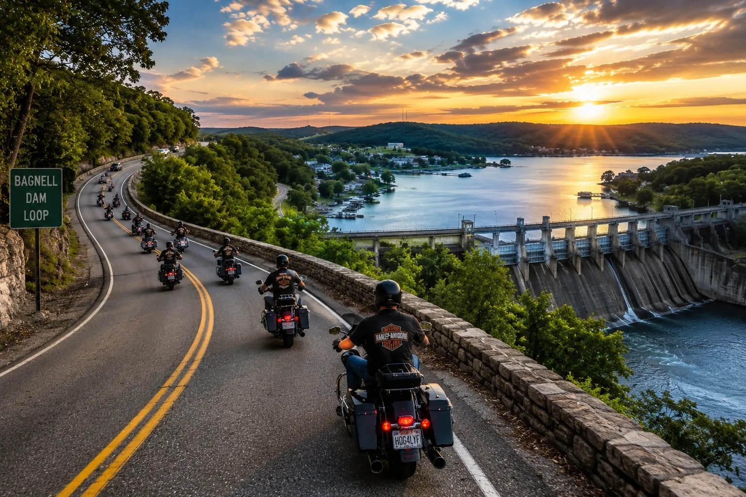 HOG chapter riding Bagnell Dam Loop at sunset — Table Rock Lake Ozarks
