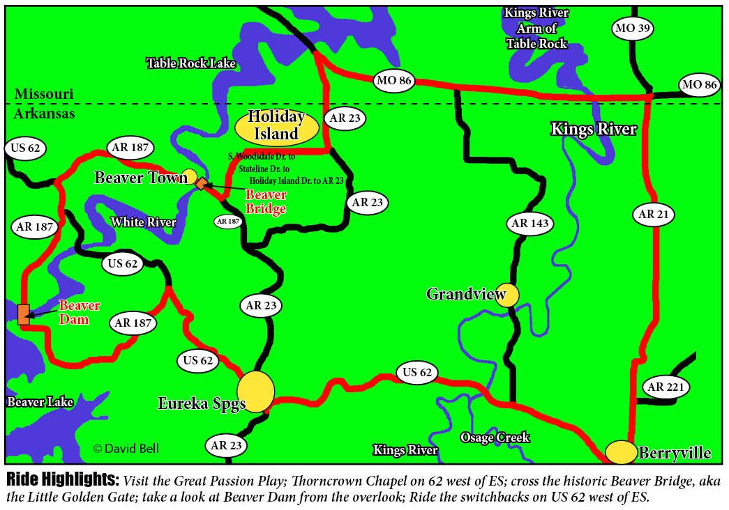Motorcycle route map from Table Rock Lake to Eureka Springs via Pig Trail Scenic Byway