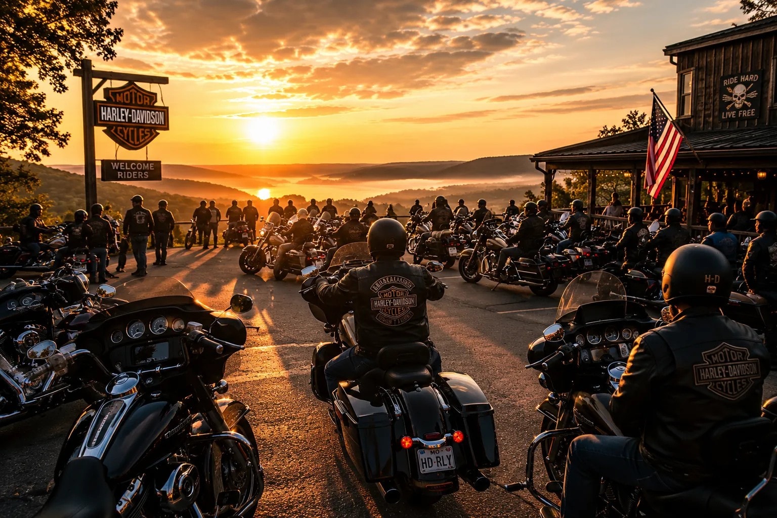 Harley-Davidson rally at Ozark overlook at sunset