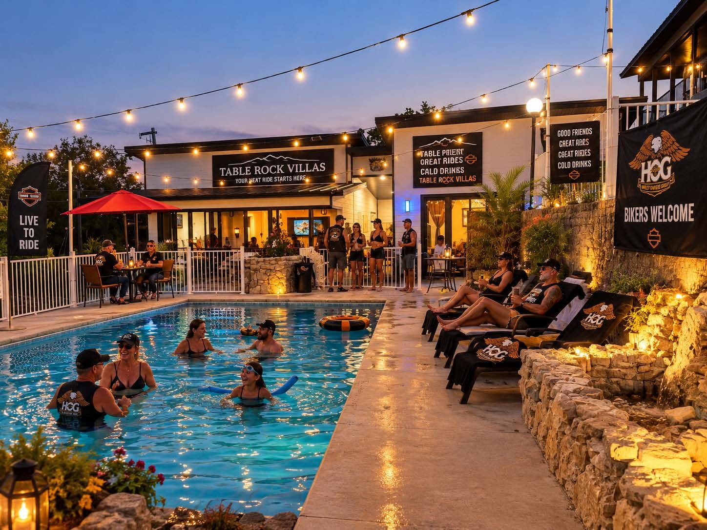 Bikers Welcome — Table Rock Villas pool party at dusk with HOG banners