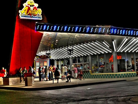 Andy's Frozen Custard retro exterior at night