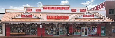 Dick's 5 & 10 classic red and white storefront in Old Town Branson