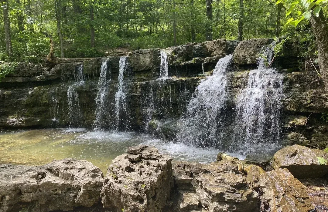 Cascading waterfall over mossy limestone ledge in lush Ozark forest