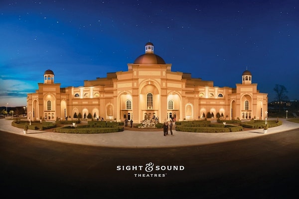 Sight and Sound Theatres grand illuminated building at night