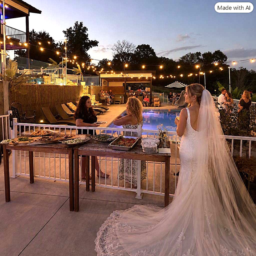 Bride at the rehearsal dinner buffet by the pool at Table Rock Villas