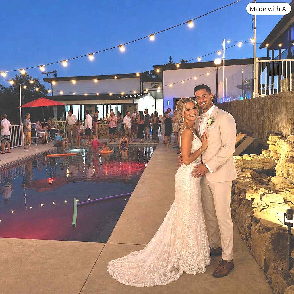 Bride and groom celebrating at the pool at Table Rock Villas wedding reception