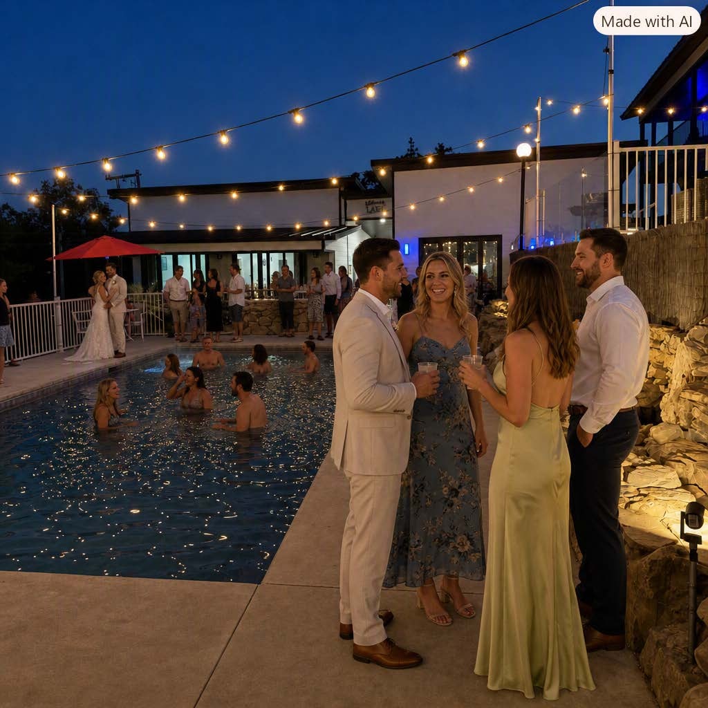 Wedding guests enjoying the poolside evening at Table Rock Villas