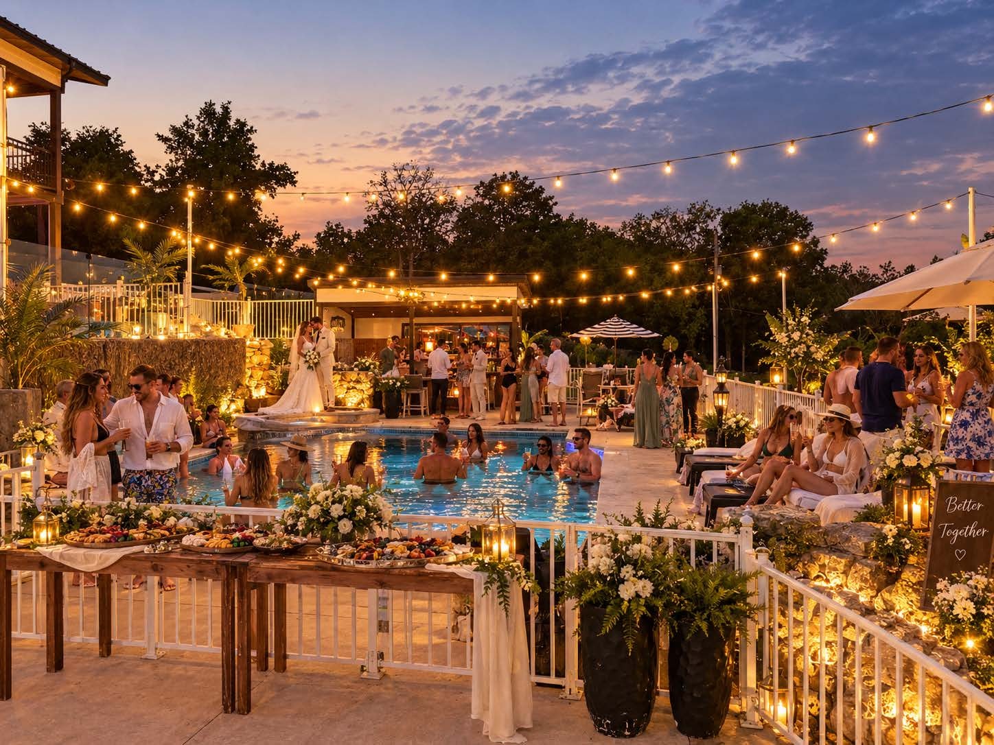 Wedding ceremony at sunset by the pool at Table Rock Villas with string lights and flowers
